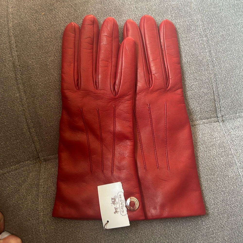 Coach Red Leather and Cashmere Gloves